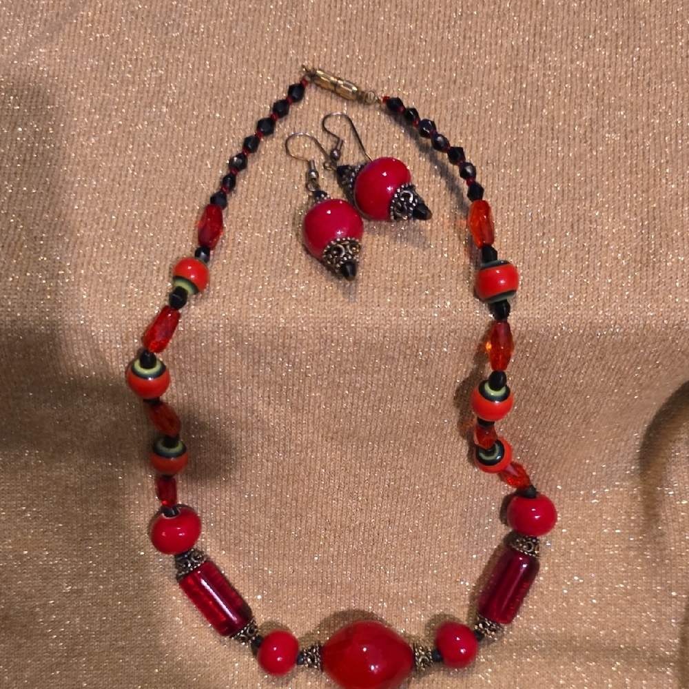 Elegant Red Beaded Necklace and Earring Set
